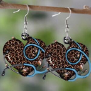 Leopard Print Heart Earrings with Blue Stethoscope Accents